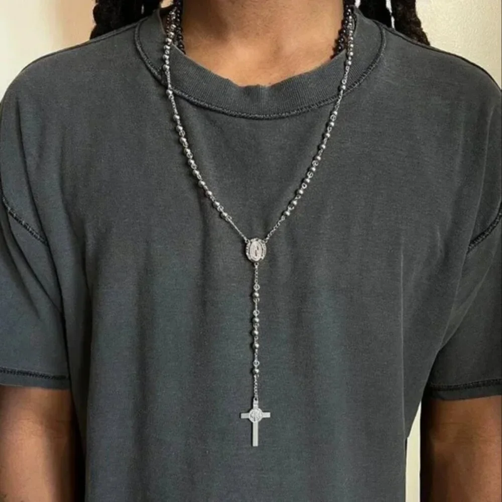 y2k 2000s chrome silver rosary bead necklace